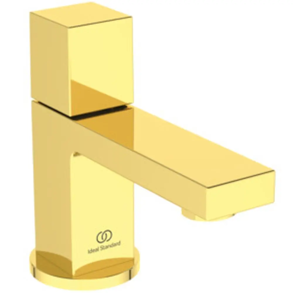 Goldfarbener Wasserhahn mit quadratischem Design und einer flachen Auslaufkante, hergestellt von Ideal Standard.